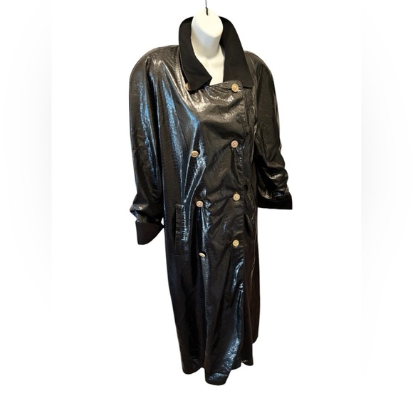 Pierette B. Faux Croc Lined Slicker Trench Coat Sz 40/10 Midi Length Black Swiss - Picture 2 of 8